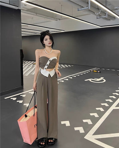 Hot girl suit female summer pure desire sexy short tube top suspender top + casual wide-leg pants fried street two-piece set