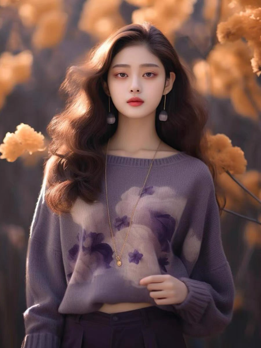 2023 new autumn clothing Japanese lazy retro sweaters, this year's popular beautiful pullover tops purple sweaters for women (B1512)