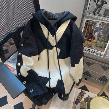 American high street retro fake two-piece contrast color knitted sweater men and women trendy brand high-end cool thickened hooded jacket