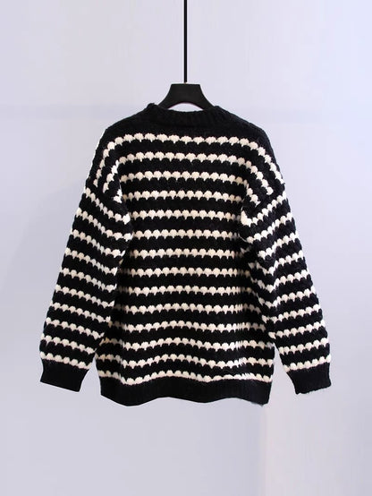 Retro Japanese striped sweater jacket women autumn and winter 2023 new loose lazy style all-match V-neck knitted cardigan