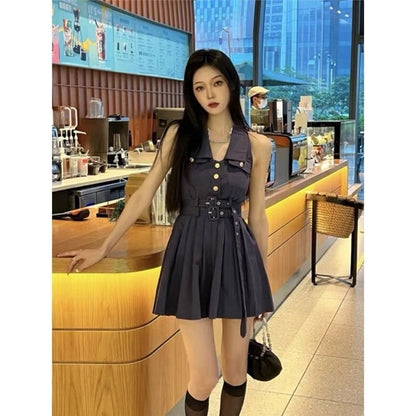 Khaki retro tooling waistline slim short denim pleated dress hot girl light mature new female summer