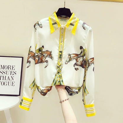 Retro Hong Kong style contrasting color printed shirt ladies foreign style chiffon long-sleeved top early spring and autumn 2023 new design sense