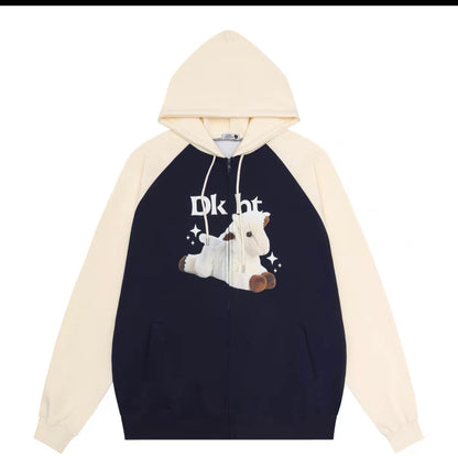 Sanowers cartoon cute lamb print cardigan hooded sweatshirt autumn loose couple raglan sleeve hoodie jacket (S0662)