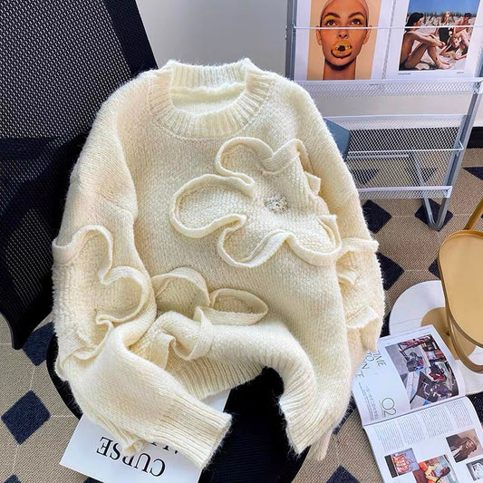 Soft waxy round neck sweater for women, loose and lazy style 2022 new autumn and winter heavy industry three-dimensional flower sweater for outer wear