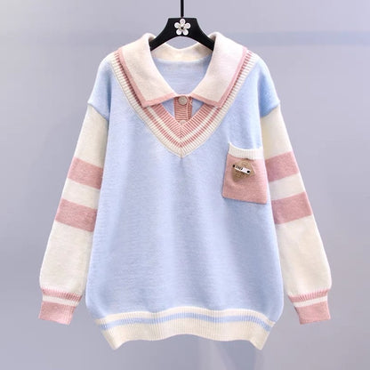 Polo collar fake two-piece sweater for women autumn and winter 2023 new Japanese college style loose design sweater top