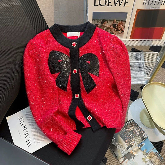 Colorblock bow long-sleeved cardigan knitted women's autumn new Korean style temperament small fragrance short sequined sweater jacket