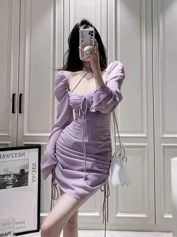 French puff sleeves hanging neck purple long-sleeved dress women's summer and autumn temperament high-end sexy slim slim package hip skirt