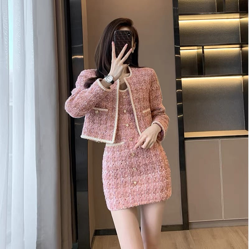 Pink Two Piece Tweed Dress with Jacket