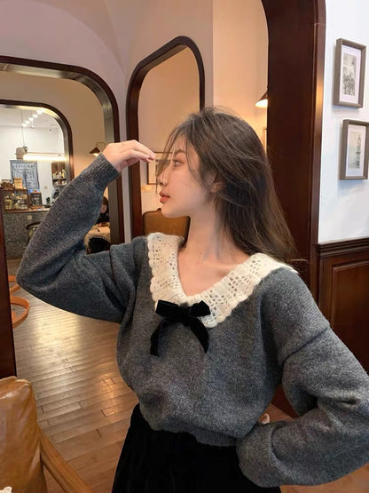 Large size sweet gray lace stitching bow doll collar sweater for women autumn and winter 2023 new long-sleeved coat trendy