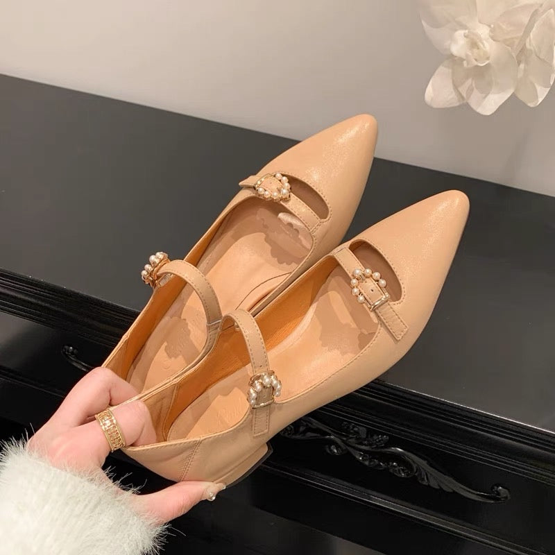 Girl Twin Flowers!  Low-heeled Mary Jane shoes pointed toe spring and autumn temperament shallow mouth single shoes square toe chunky heel ladies shoes