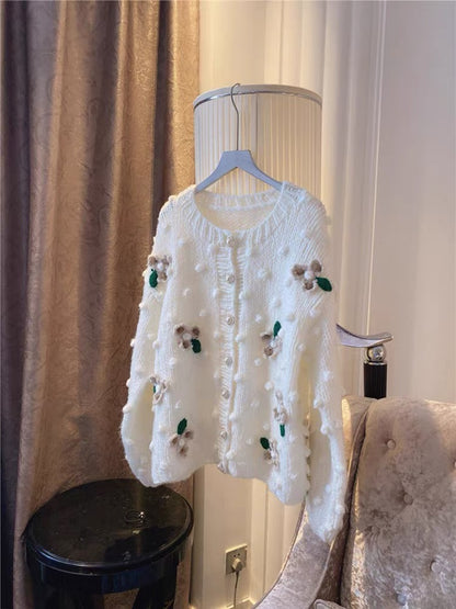 Autumn and winter new retro handmade crochet flower age-reducing sweet three-dimensional heavy industry flower ball cardigan