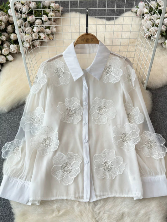 White shirt women 2024 early spring new design niche beaded three-dimensional flower shirt top