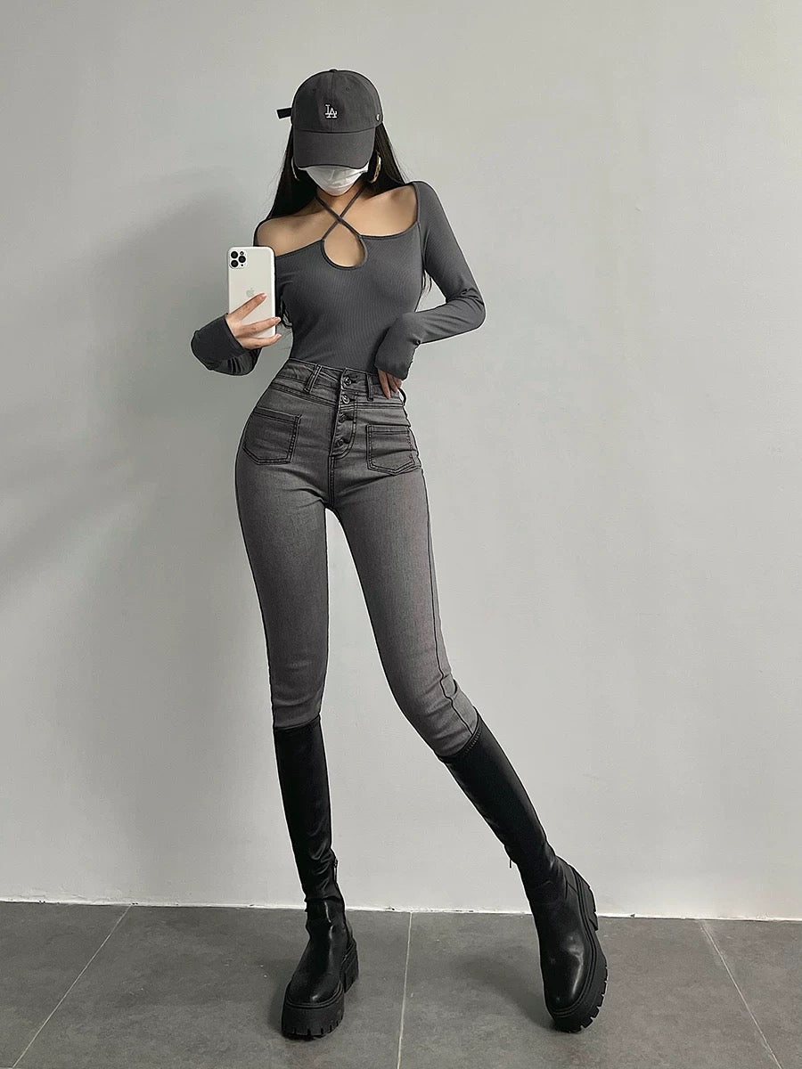 European and American style high-waisted single-breasted tight-fitting skinny jeans