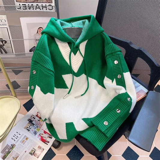 National trend American style fake two-piece stitching contrast color knitted sweater men and women spring and autumn high-end Hong Kong style heavy hooded jacket