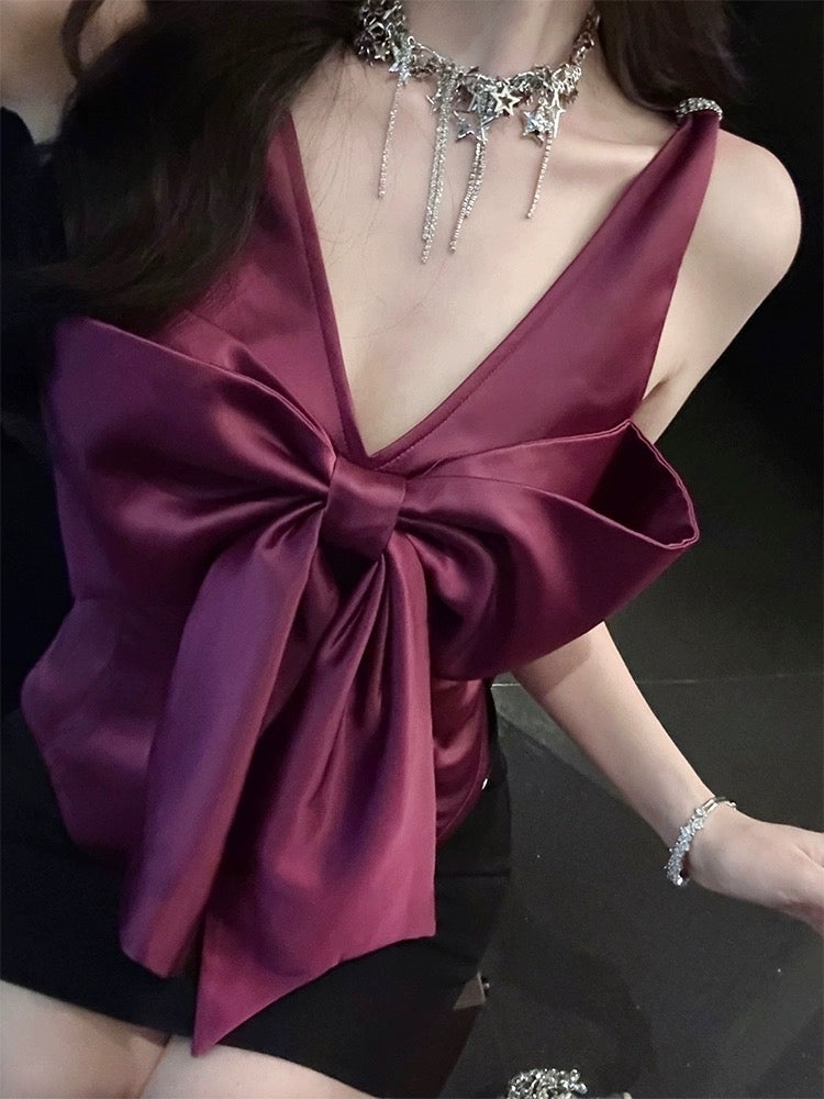 For Fay original high-quality purple satin bow vest sling temperament slim V-neck short top women