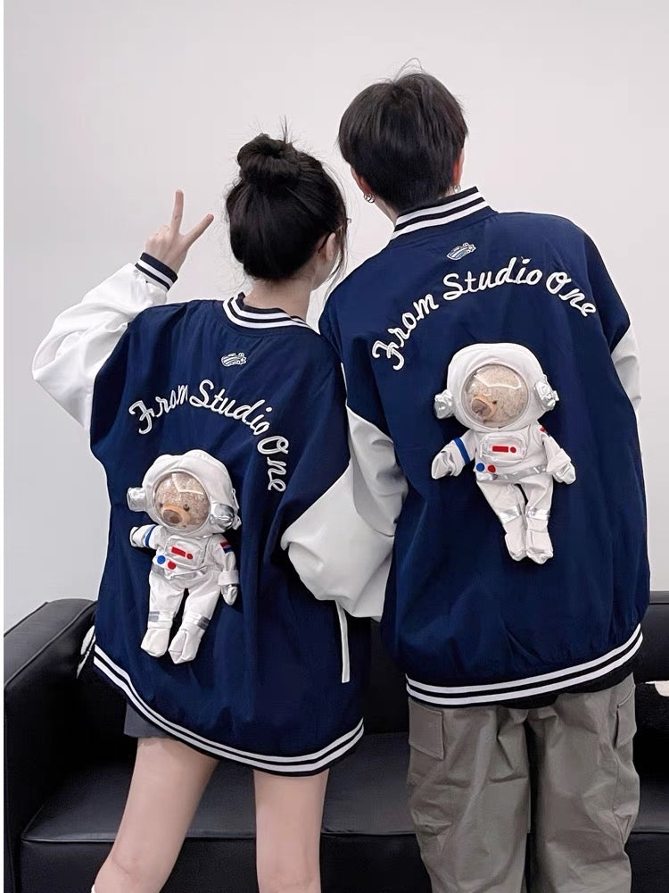 Guochao autumn baseball uniform jacket male ins detachable bear doll loose American couple jacket jacket top