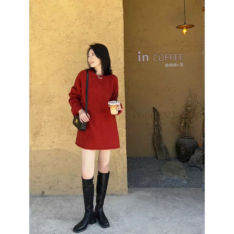 Atmospheric natal New Year and Christmas red knitted sweater for women in autumn and winter, loose and slim, western-style mid-length top T9496