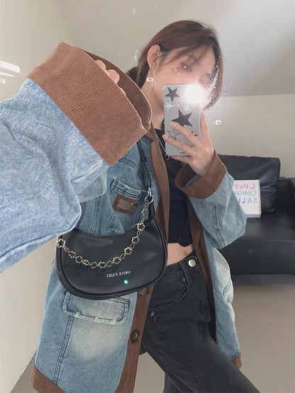 American retro corduroy stitching suit denim jacket female spring and autumn high-quality loose bf lazy silhouette top