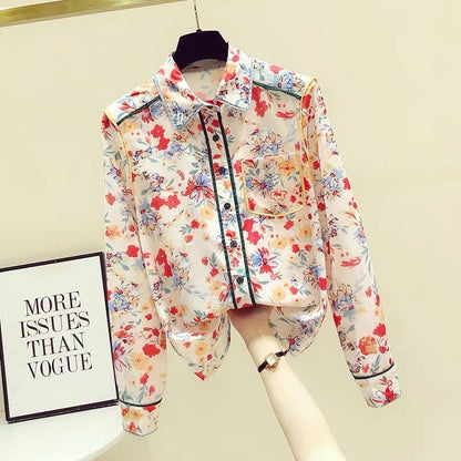 Western style age-reducing floral silk shirt femininity niche design sense chiffon long-sleeved top spring and autumn 2023 new