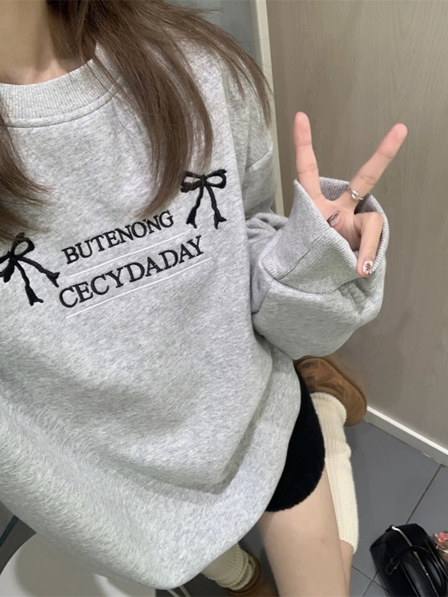 PPHOME Early Korean Girl~Gray letter embroidered plus velvet loose sweatshirt autumn and winter lazy versatile casual top