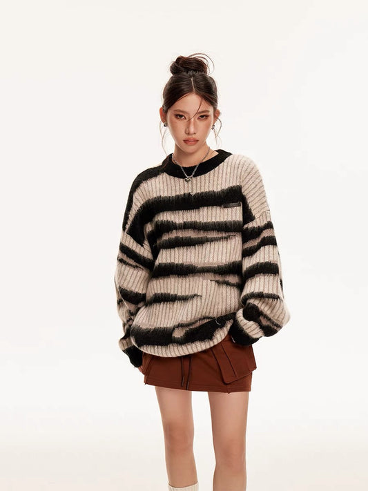 Sanowers American retro striped color-blocked mohair sweater for women in autumn and winter loose lazy style couple's knitted sweater (S0557)