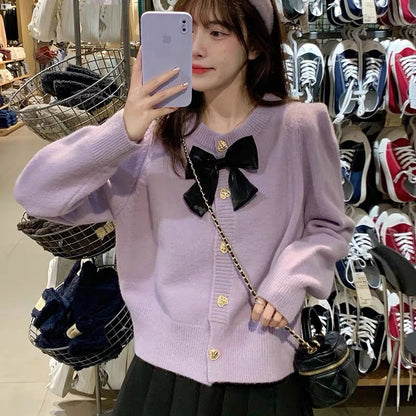 Japanese sweet bow knitted cardigan for women 2023 new spring and autumn style, age-reducing, small fragrance style sweater jacket