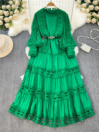 Palace style dress spring dress for women heavy hollow lace splicing slim fit long French puff sleeve high-end dress