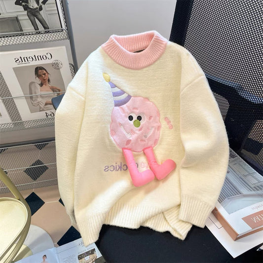 Milk fufu lazy cute cartoon embroidery contrast color sweater men and women autumn and winter design European goods beautiful knitted tops