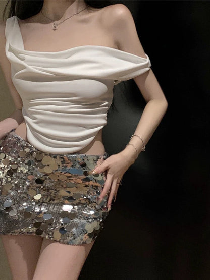 Yi Mengling's super shiny low-waist skirt of the same guizio year hand-stitched custom-made sequined skirt