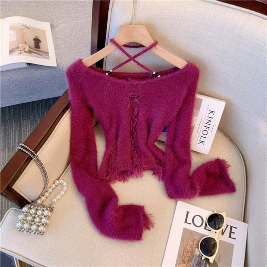 High-end pure desire sweet and spicy plum color one-shoulder imitation mink sweater ripped halterneck short sweater for women in autumn and winter