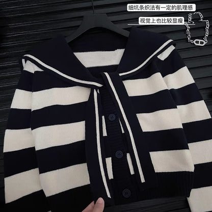 Navy collar striped sweater women's spring and autumn 2023 new autumn tops college style long-sleeved pullover sweater