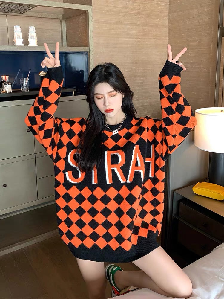 Orange Sweater Women's Retro Plaid 2023 New Style Knitted Sweater Loose Korean Style Autumn and Winter Outerwear Tops T2388