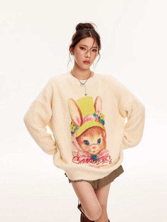 Sanowers cute cartoon rabbit print imitation rabbit velvet sweater women's new autumn loose lazy style knitted top (S0559)