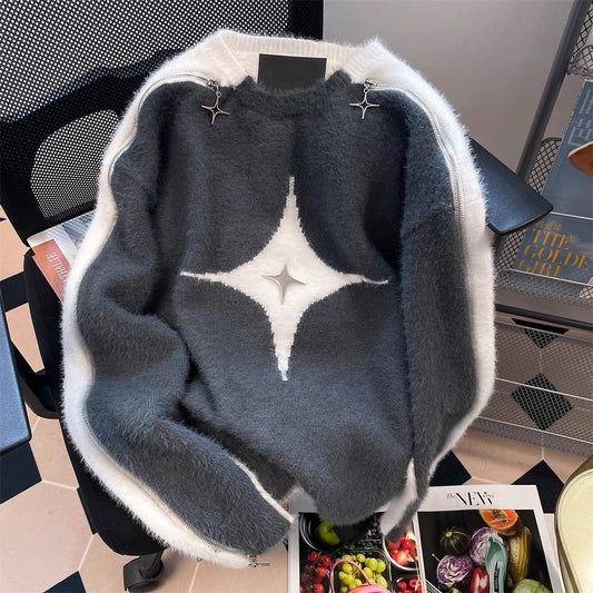 American retro stitching contrast color star zipper off-shoulder sweater for men and women autumn and winter lazy style mohair knitted jacket