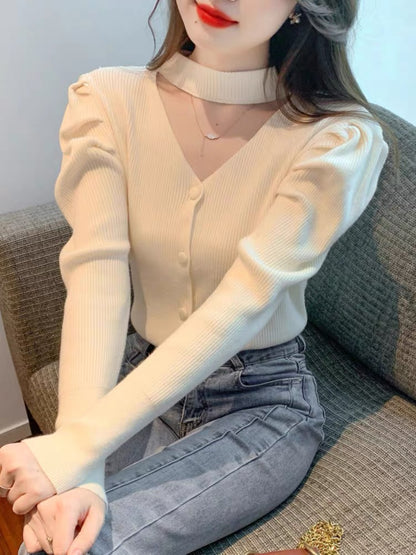 2023 New Puff Sleeve Knitwear Women's Autumn and Winter Bottoming Shirt Fashionable Temperament Hollow V-neck Halter Top