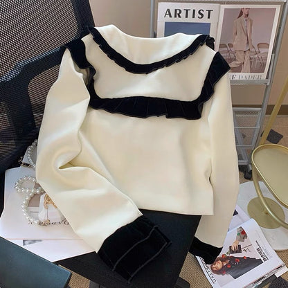 French Retro Doll Collar Contrast Color Short Jacket Women's 2023 Autumn New Fashion Age-Reducing Western Style Long-Sleeved Top V1128