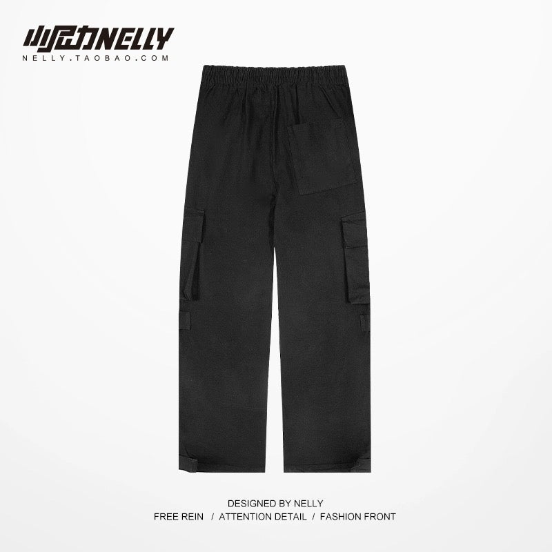 Original trendy brand multi-pocket overalls for men and women high street all-match loose straight drawstring adjustable leg pants cropped pants