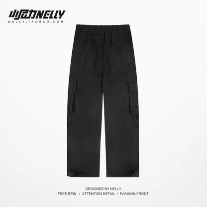 Original trendy brand multi-pocket overalls for men and women high street all-match loose straight drawstring adjustable leg pants cropped pants