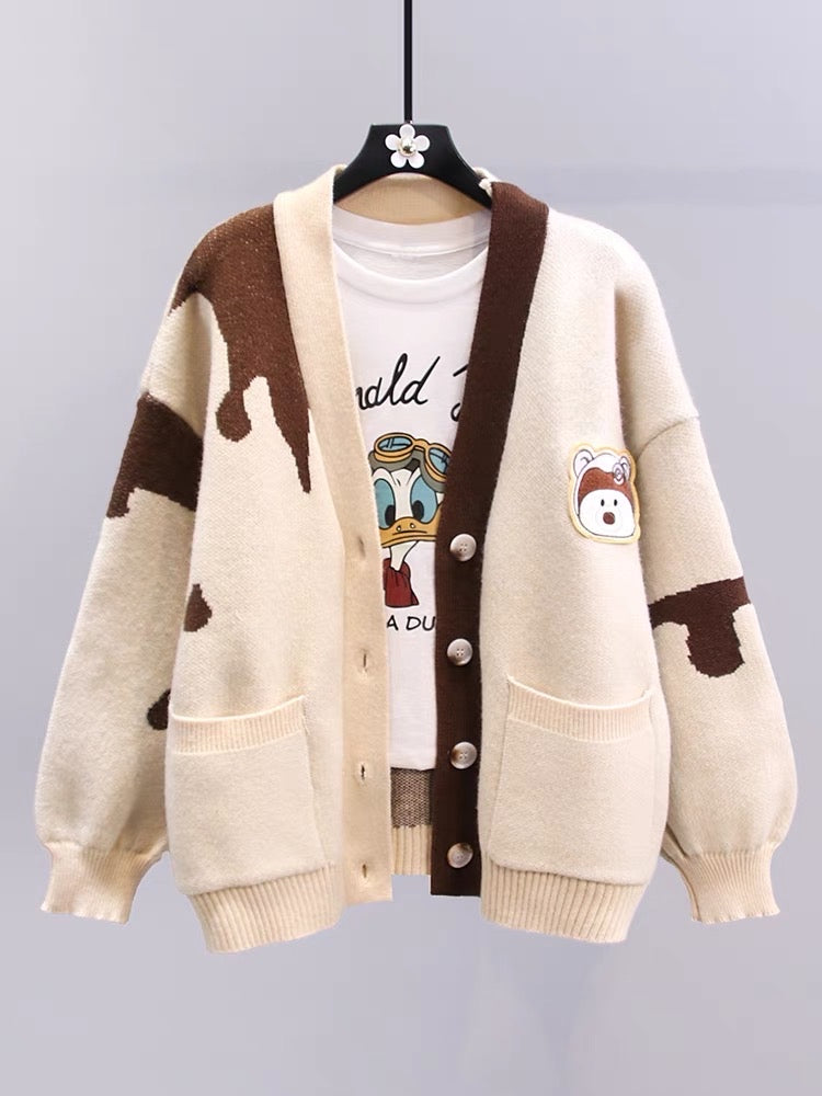 Japanese cartoon sweater cardigan women's jacket autumn and winter 2023 new loose college style age-reducing V-neck knitted top