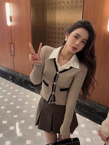 Qiu Rouyao's new V-neck knitted cardigan, long-sleeved, slim, retro, slim, fragrant, short sweater for women, petite (S0130)