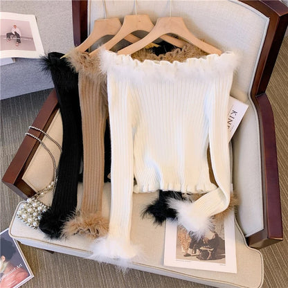 Sexy pure desire sweet and spicy style plush stitching one-shoulder slimming inner layering shirt top women's new autumn and winter style