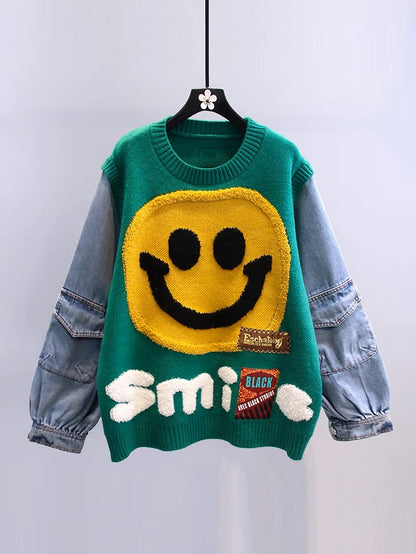 Denim stitching cartoon smiley face sweater for women winter 2022 new Japanese style lazy style loose outer knitted top