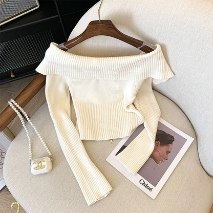 High-end pure lust design niche white one-shoulder double zipper waist short sweater top for women in autumn and winter