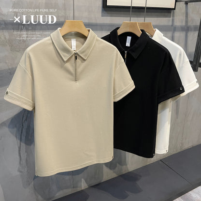 LUUD solid color loose zipper lapel polo top simple button design men's all-match short-sleeved polo T-shirt