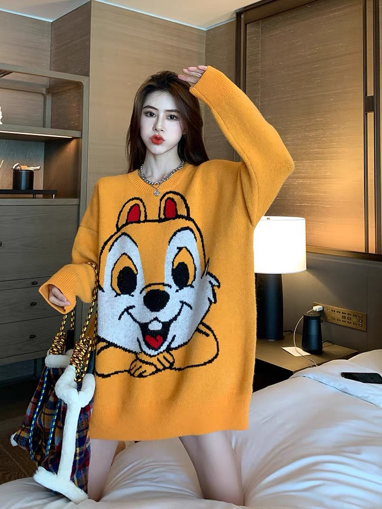 Squirrel Orange Japanese Sweater Women's Mid-Length Loose Korean Fashion Design Pullover Autumn and Winter Knitted Sweater T2381