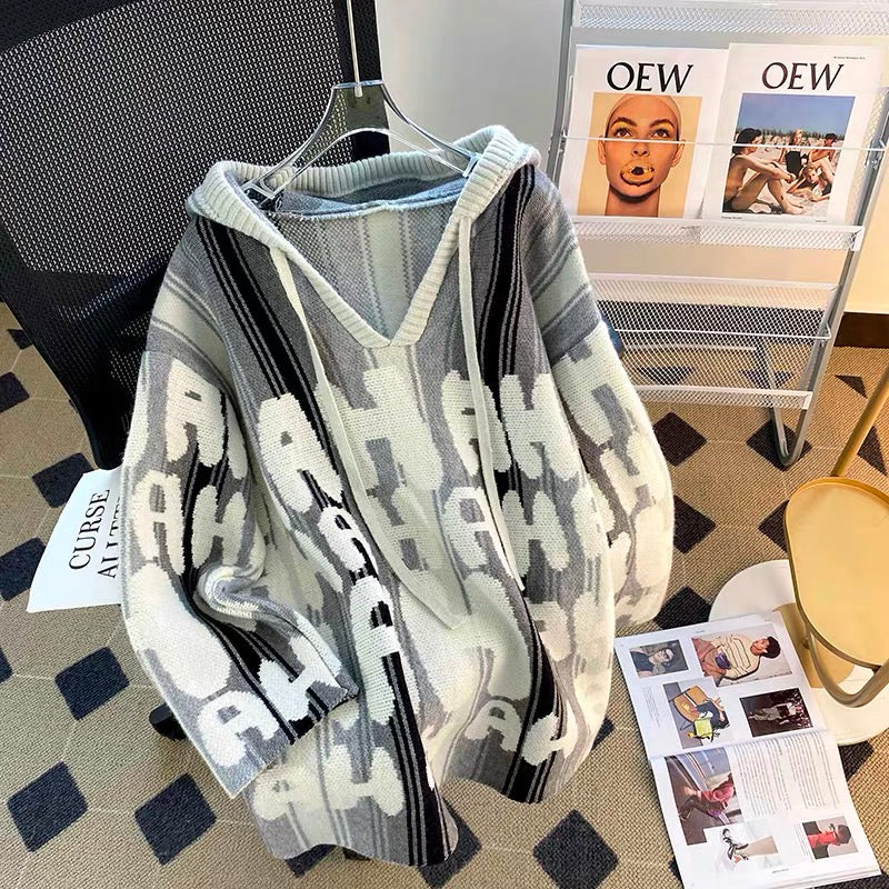 Korean style striped letter hooded sweater for women autumn and winter 2022 new design loose lazy style sweater jacket