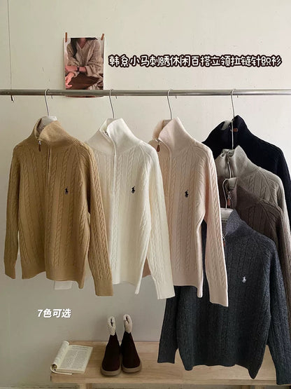 Old money retro half zipper stand collar pony embroidery cable knit sweater women autumn and winter pullover casual all-match knitted top