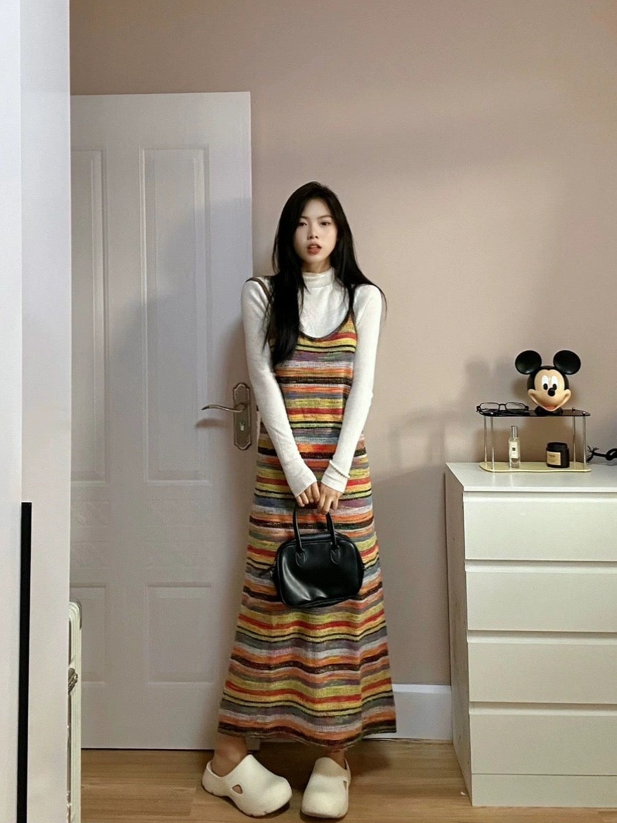 Rainbow striped knitted sweater suspender skirt autumn and winter new women's high-necked bottoming shirt dress two-piece suit