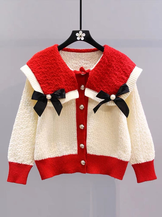 Japanese bowknot doll collar sweater coat women's autumn and winter 2023 new loose foreign style age-reducing knitted cardigan