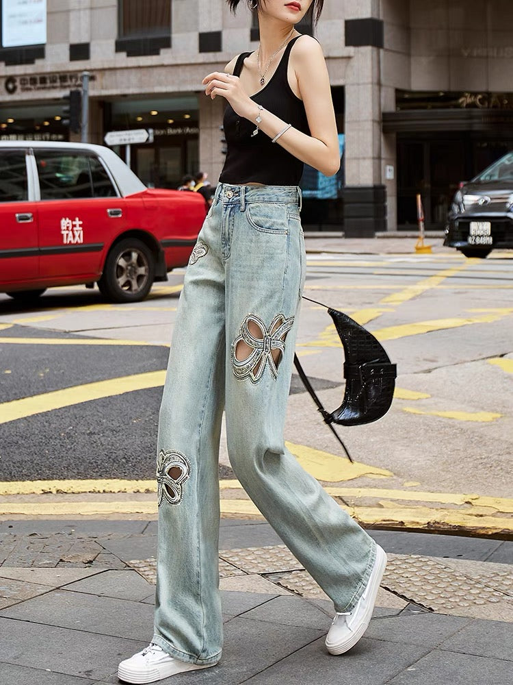 New Fashion Womens Denim Ripped Jeans Loose Straight Pants Bell